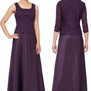 Alex Evenings two piece long dress, color is eggplant